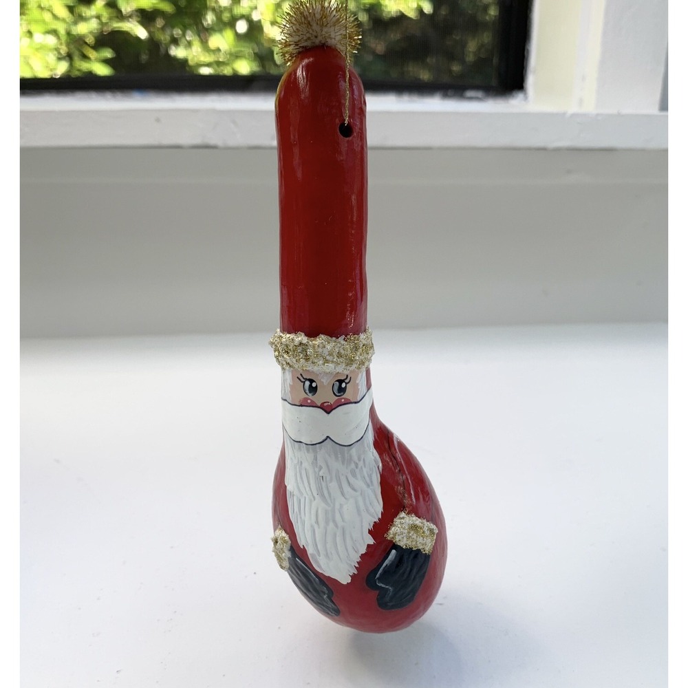 Hand Painted Folk Art Santa Claus Gourd Christmas Ornament 7" Signed 2002 CUTE!